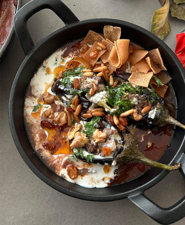 Makdous fatteh with almonds and ghee